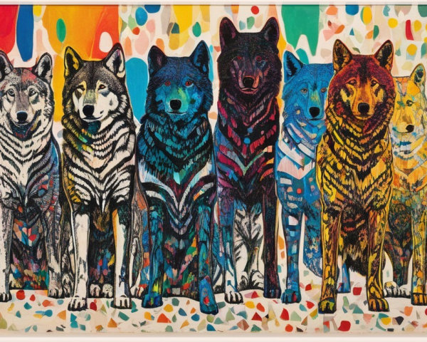 Vibrant Artwork of Nine Stylized Wolves in Colorful Design