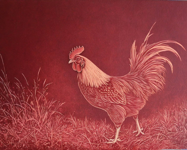 Rooster Depiction with Vibrant Feathers on Red Background