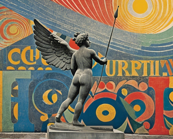 Winged Cherub Statue in Front of Abstract Mural