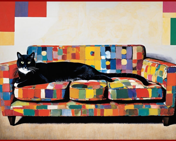 Black Cat on Colorful Geometric Couch in Warm Setting