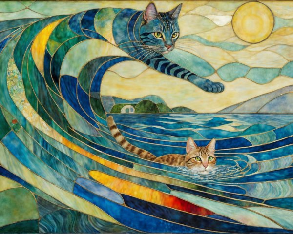 Vibrant Stained-Glass Artwork of Cats and Waves