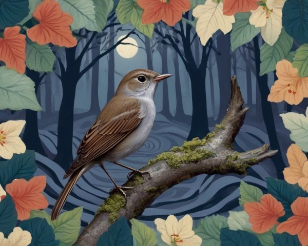 Illustration of a Bird on a Branch in a Moonlit Forest
