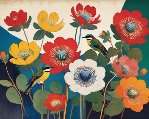 Colorful Birds Among Blooming Flowers Illustration