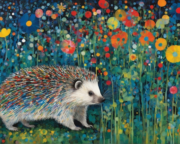 Impressionistic Painting of Colorful Hedgehog in Garden