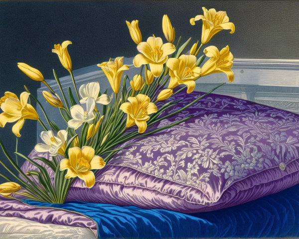 Yellow and White Flower Arrangement on Purple Pillow