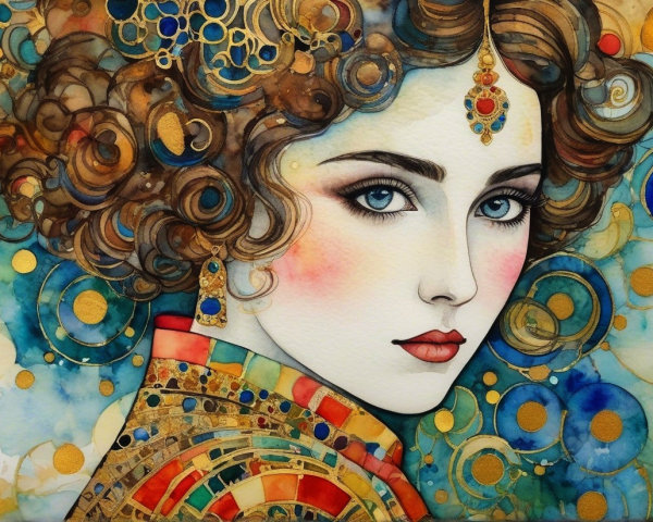 Portrait of a Woman with Curly Hair and Jewelry