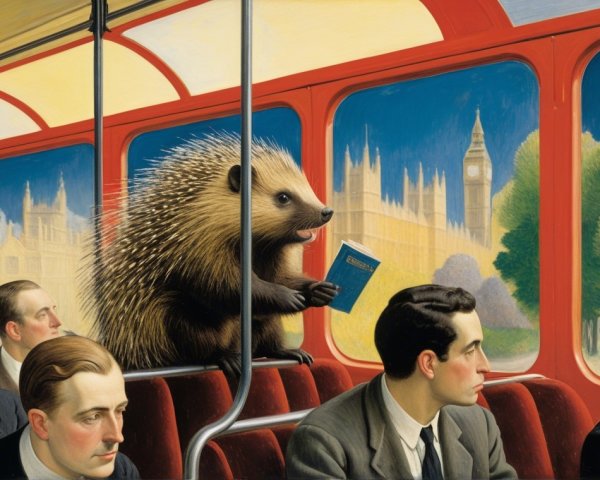 Hedgehog Reading in a Double-Decker Bus Scene