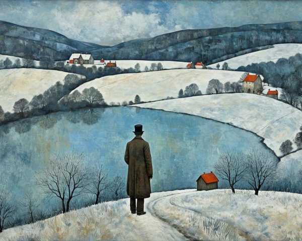 Snowy Landscape with Man, Lake, and Houses