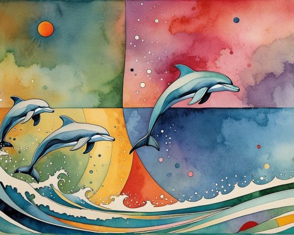 Vibrant Watercolor Scene of Dolphins and Colorful Waves