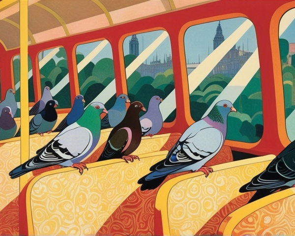 Pigeons in a Double-Decker Bus with City View