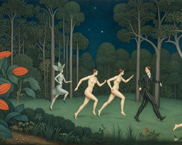 Mystical Forest Scene with Striped Suit and Ethereal Figures