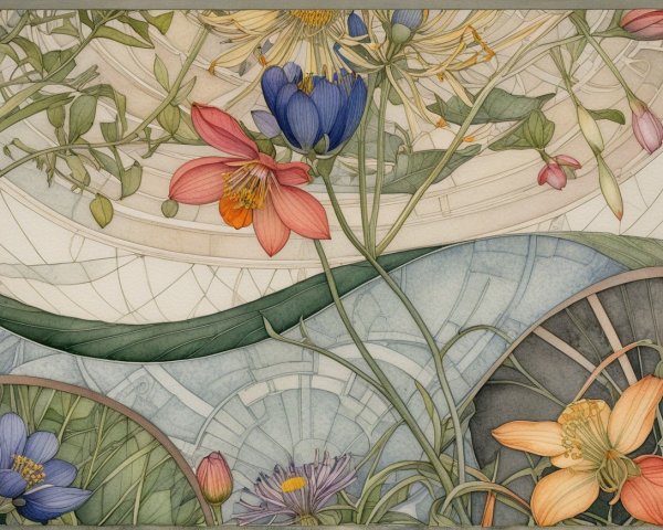 Whimsical Floral Watercolor with Art Nouveau and Deco Elements