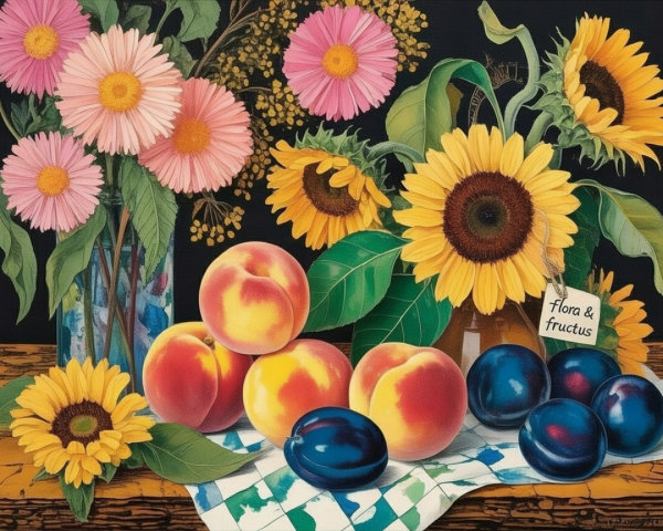 Vibrant Still Life of Sunflowers, Daisies, and Fruit