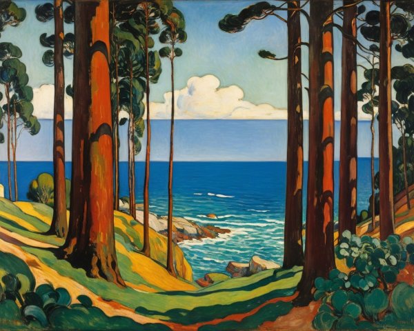 Vibrant Landscape with Trees and Serene Ocean View