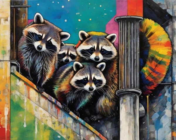 Vibrant Oil Painting of Raccoons on Colorful Wall