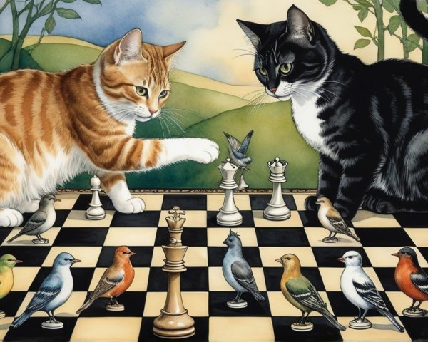 Cats Playing Chess in a Whimsical Nature Setting