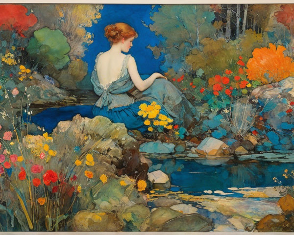 Woman by a serene pond in a vibrant landscape