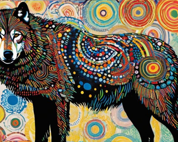 Stylized Wolf with Colorful Patterns and Abstract Background