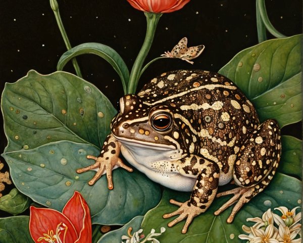 Spotted Frog Illustration with Vibrant Flora Details