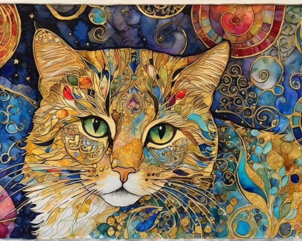 Illustrated Cat Face with Vibrant Colors and Patterns