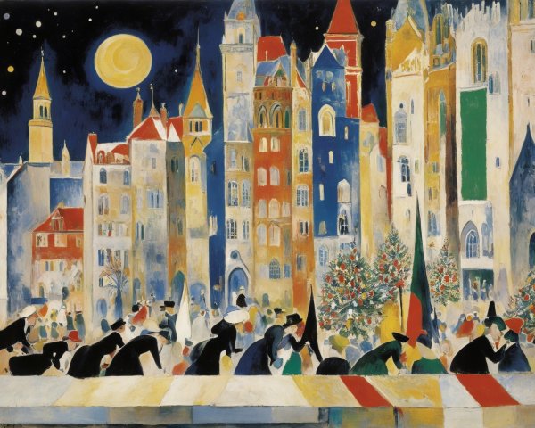 Expressionist Winter Town Scene with Full Moon and Stars