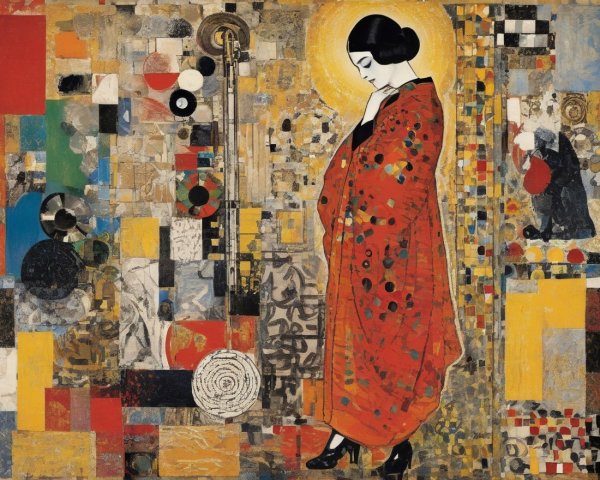Woman in red kimono against colorful mosaic background
