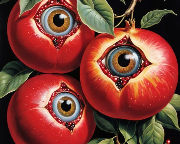 Surreal Pomegranates with Human Eyes and Green Leaves