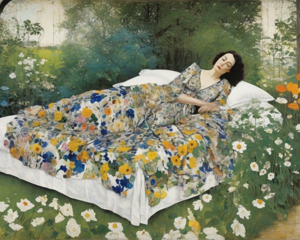 Woman Sleeping in Floral Gown Surrounded by Nature