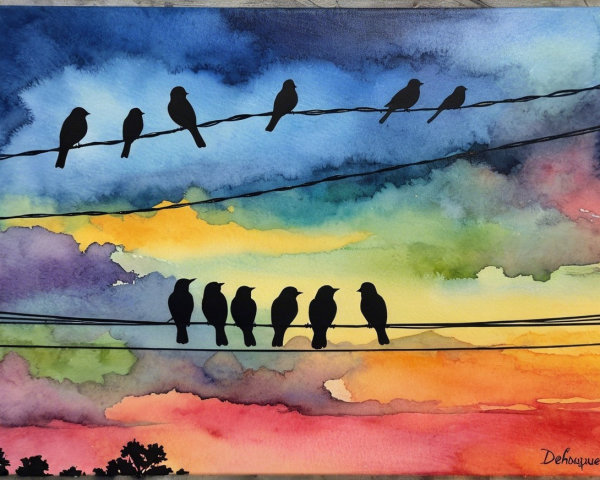 Vibrant Watercolor Sky with Silhouetted Birds