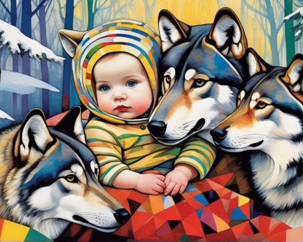 Child in Striped Hoodie Surrounded by Wolves in Snow