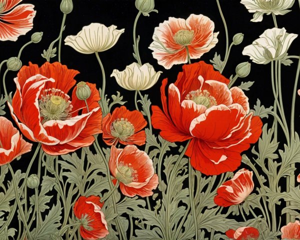 Vibrant Red, White, and Cream Poppies on Dark Background