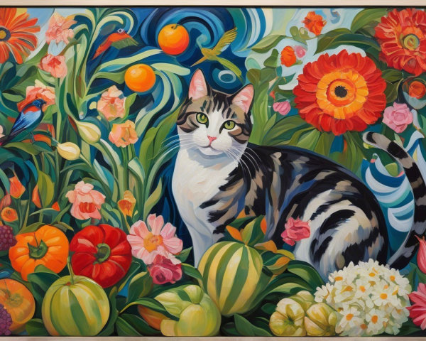 Vibrant Painting of Tabby Cat in Colorful Garden