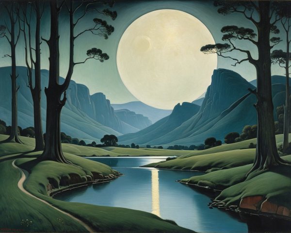 Moonlit River in a Serene Landscape with Hills and Trees