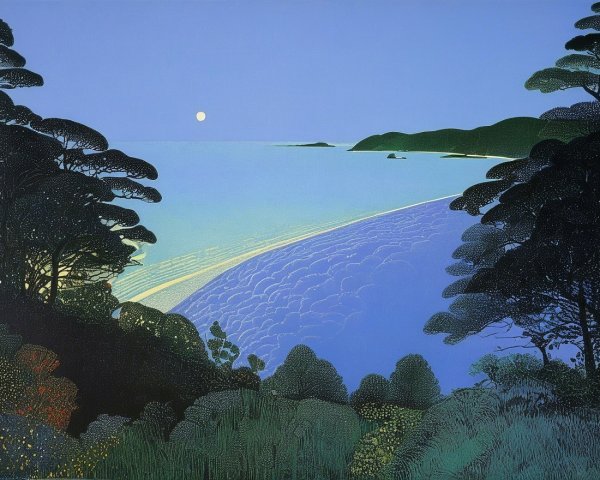 Twilight Coastal Landscape with Moonlit Waves