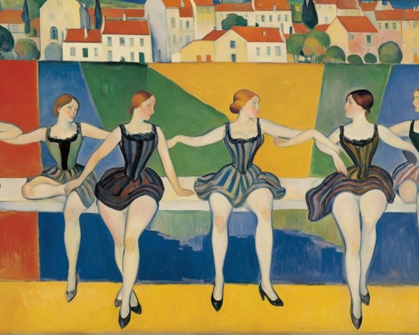 Six Women in Colorful Ballet Costumes Against Abstract Background