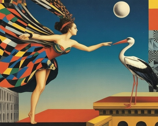Surrealistic Scene with Woman, Stork, and Patterns