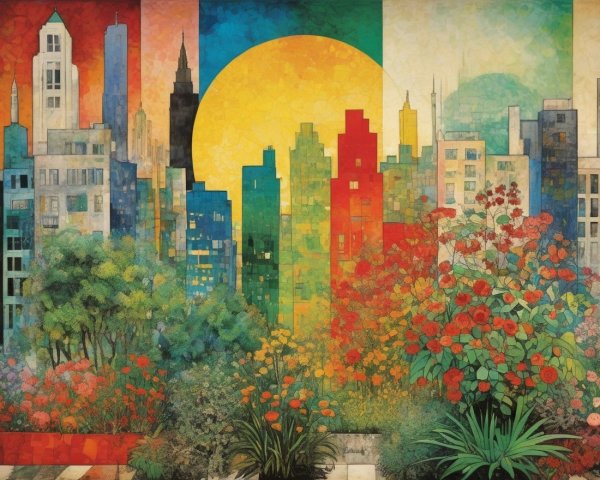 Vibrant Cityscape at Sunrise with Colorful Gardens