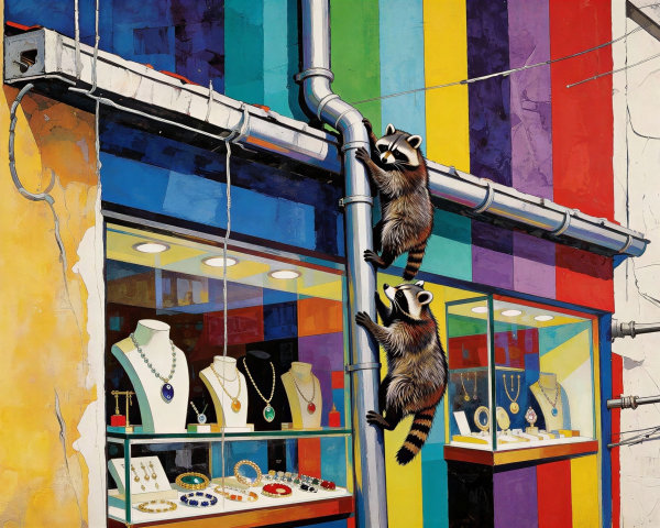 Raccoons Climbing Up Colorful Building's Downspout