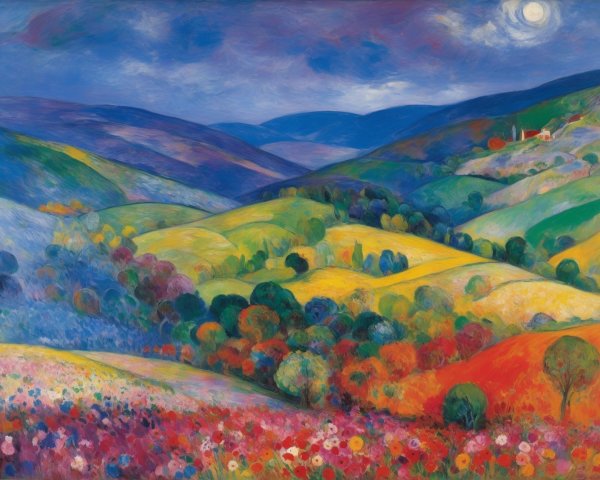 Oil Painting of Nighttime Hilly Landscape with Flowers