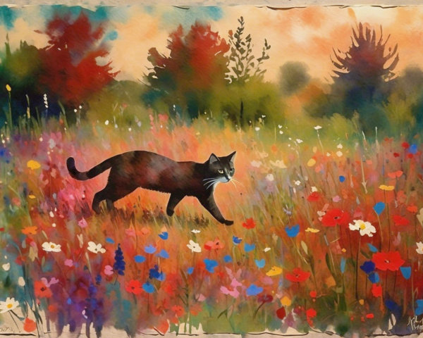Black Cat in Vibrant Wildflower Meadow at Dusk