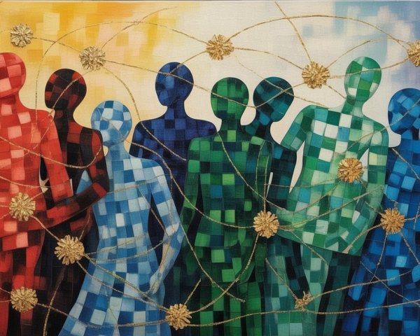 Stylized Human Figures in Vibrant Colors and Shapes