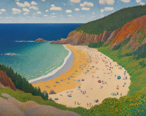 Vibrant Beach Scene with Sand, Hills, and Waves