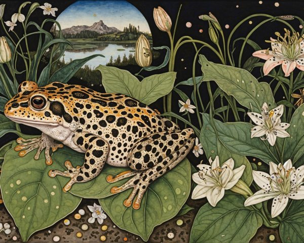 Illustration of a speckled frog in a lush garden scene