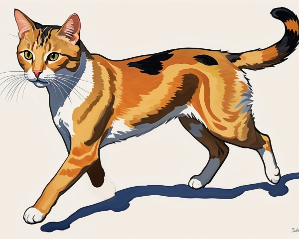 Vibrant Illustration of a Calico Cat Walking