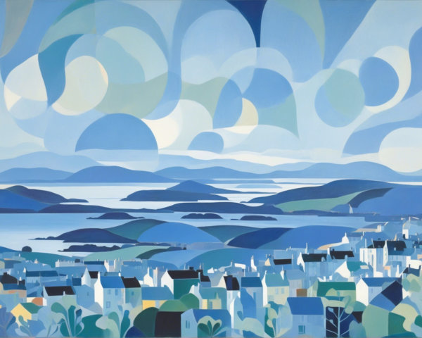 Abstract Geometric Cityscape with Blue and White Tones