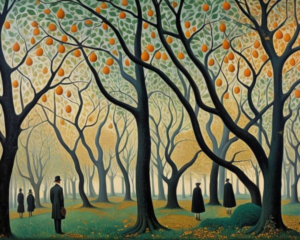 Serene Orchard Landscape with Vibrant Oranges and Figures