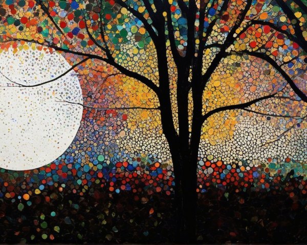 Vibrant Abstract Landscape with Luminous White Moon