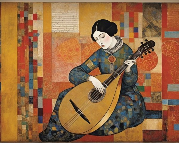 Woman in Blue Dress Playing Lute with Geometric Patterns