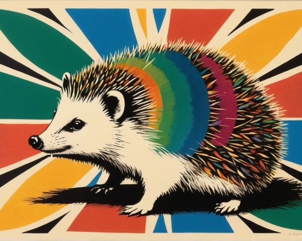 Stylized hedgehog with rainbow quills on abstract background