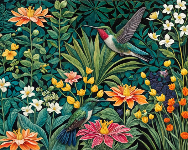 Vibrant Garden Scene with Colorful Flowers and Hummingbirds